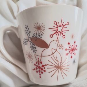 Peets holiday/Christmas mug by BIA white with Doves & snowflakes and red inside.